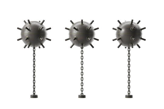 Three naval mines with chains shown in realistic metal style on white background, concept of danger and protection, presented as 3D Rendering