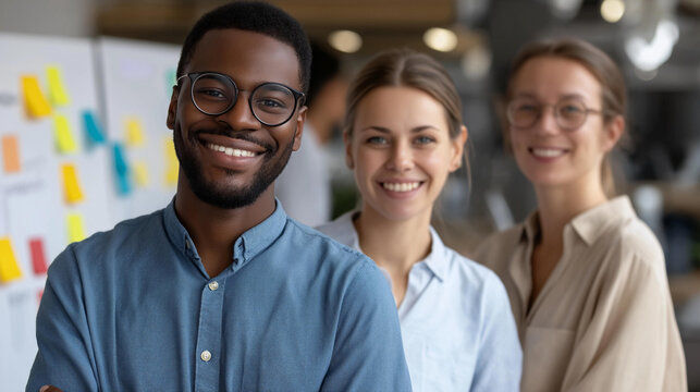 Diverse business team in a collaborative co-working space using whiteboards and sticky notes for project planning, creative brainstorming concept, defocused background, with copy space