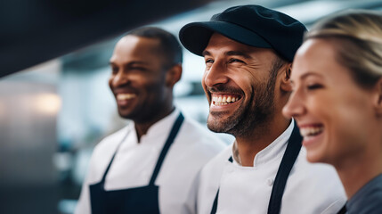 Obraz premium Happy diverse chefs working together in the kitchen of an upscale restaurant, culinary teamwork and professional collaboration concept, defocused background, with copy space