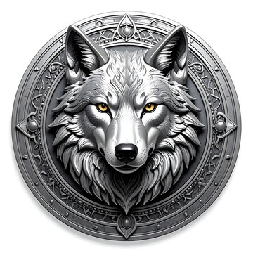 Metallic, detailed depiction of a wolf's head centered in a circular, embossed shield. The wolf features piercing yellow eyes