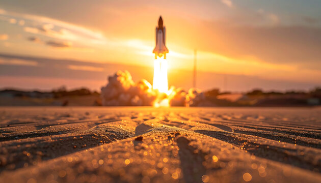 Space shuttle launching into the sky at sunset with bright flames and smoke from the launchpad