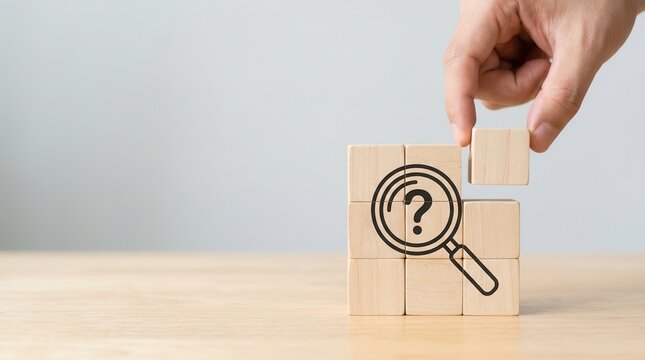 Defining problems to find solutions, illustrated by wooden cubes forming a magnifying glass and question mark sign on a clean grey background with copy space for text.