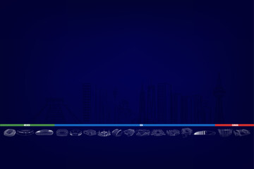 Fototapeta premium Colorful horizontal timeline with stadium venue icons and city names on dark navy blue background. Football championship 2026 host cities infographic with copy space above.