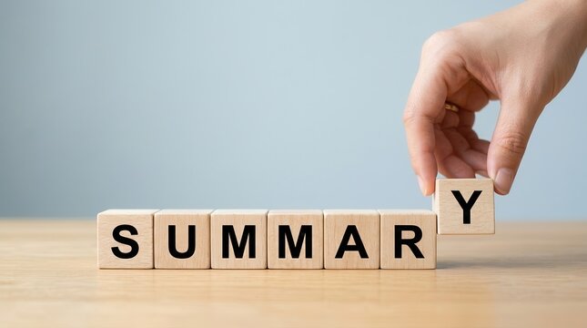 Conceptual image displaying SUMMARY on wooden blocks, essential for business plan and strategy development processes.