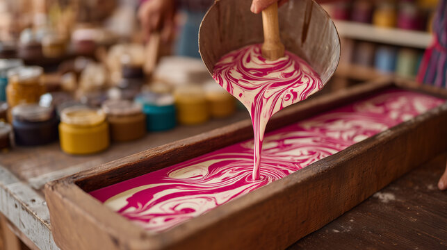 Candid unposed moment of two artisan soap makers pouring swirled batter into a long wooden mold, vivid pink and white spirals forming, cluttered apothecary shelves of oils and fragrances behind them