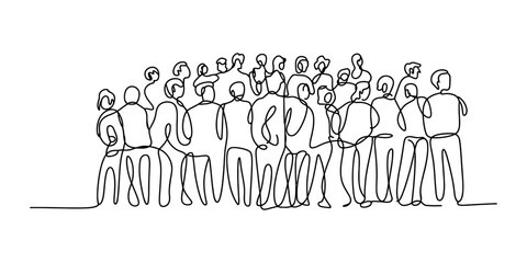 A continuous line drawing depicting a large diverse crowd of people standing together in unity. Vector, illustration © Ratna Art_Gallery
