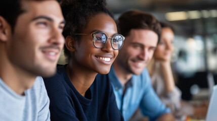 Fototapeta premium Multiethnic group of people working together in an open-plan office setting, diverse professional teamwork and inclusion concept, defocused background, with copy space