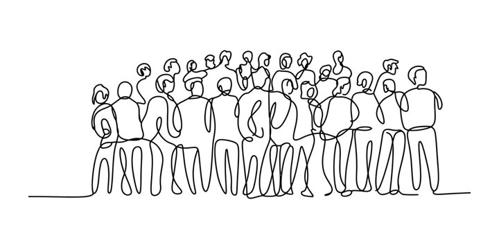 A continuous line drawing depicting a large diverse crowd of people standing together in unity. Vector, illustration