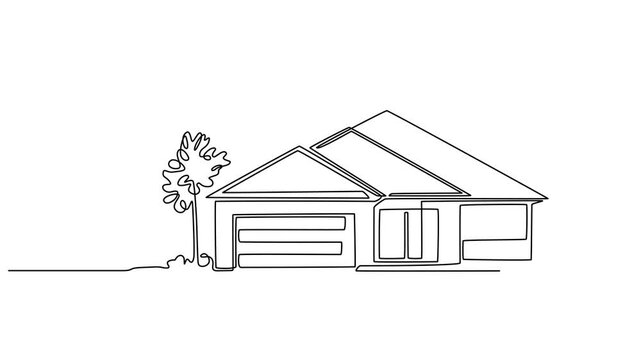 Animated self drawing of continuous line draw country house. Family home minimalist black linear. Full length one line animation. 4K, Video. editable line of small rustic house with garden trees. pro.