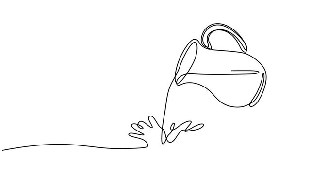 Animated self drawing of continuous line jug pouring water. Full length one line animation. 4K, one line drawing of water coming out of a clay jug.antique jug. pitcher for milk, water,juice, pour into