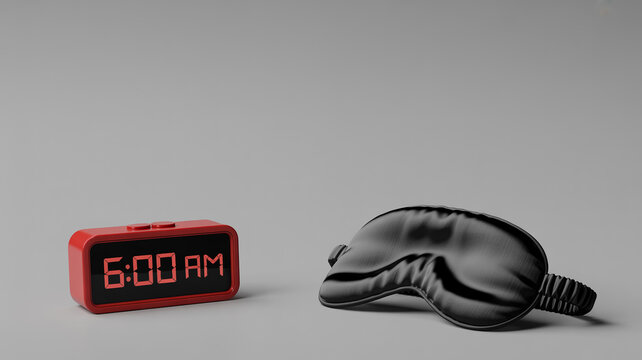 Digital alarm clock showing 6:00 AM with sleep mask, morning routine and sleep concept, early wake up, productivity, minimal modern composition