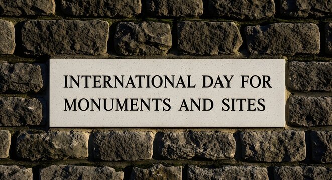 International day for monuments and sites sign on a stone brick wall background