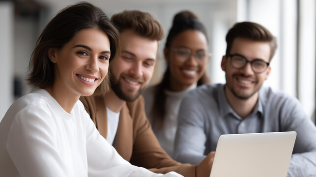 Group of people sitting around a table with a laptop in a collaborative work setting, teamwork and digital collaboration concept, defocused background, with copy space