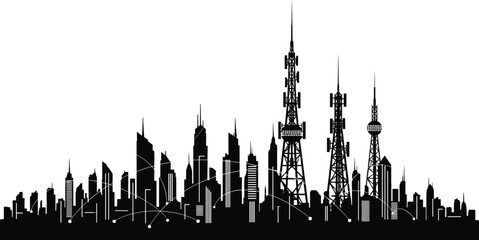 Naklejka premium Futuristic cityscape silhouette a dramatic black and white illustration of a densely populated urban center