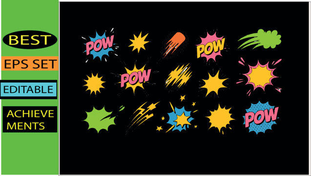 Variety of comic book explosions and dynamic cartoon elements including speed lines.