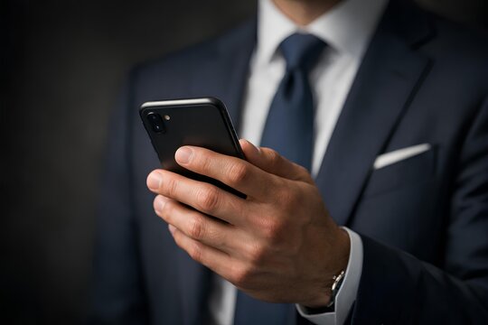 Close up of businessman hand holding a smartphone in a formal suit, modern corporate communication concept for mobile business, finance apps, online services and executive productivity.
