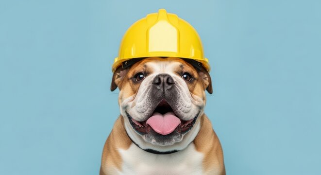 English Bulldog wearing yellow hard hat, funny construction dog portrait, professional pet worker in safety helmet against blue background