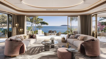 Fototapeta premium Elegant interior design of a living room with an open sea view, bright, spacious