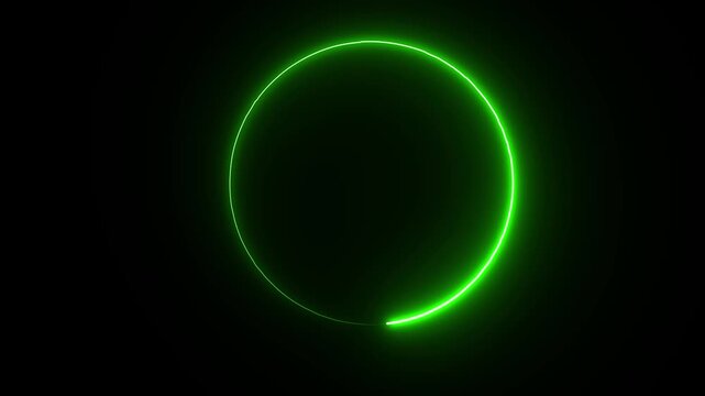 Green neon glowing circle loading loop moving clockwise on black background with bright luminescent light trail digital motion graphic animation clip