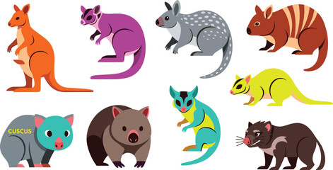 Obraz premium Colorful Marsupial Collection Featuring Kangaroo, Wallaby, Wombat, and Other Australian Animal Species for Digital Art, Illustrations, and Wildlife Projects.