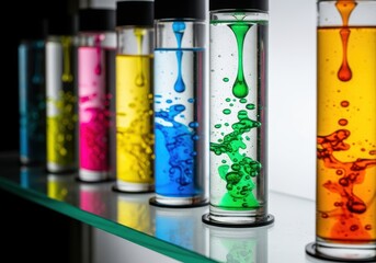 Fototapeta premium Colorful Liquid Blobs Rising Upward in Transparent Glass Tubes Display