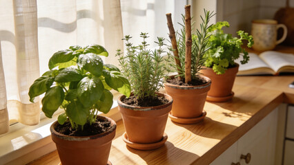 Fototapeta premium Herb garden on kitchen windowsill with natural light, potted basil and fresh herbs in terracotta pots 