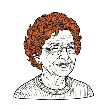 Elderly woman portrait illustration, senior lady with curly hair and glasses, friendly grandmother character sketch
