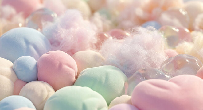 Macro Close Up of 3D Soft Pastel Spheres and Transparent Jelly Textures