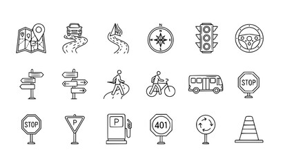 Fototapeta premium A set of black and white line art icons depicting various road signs and transportation symbols