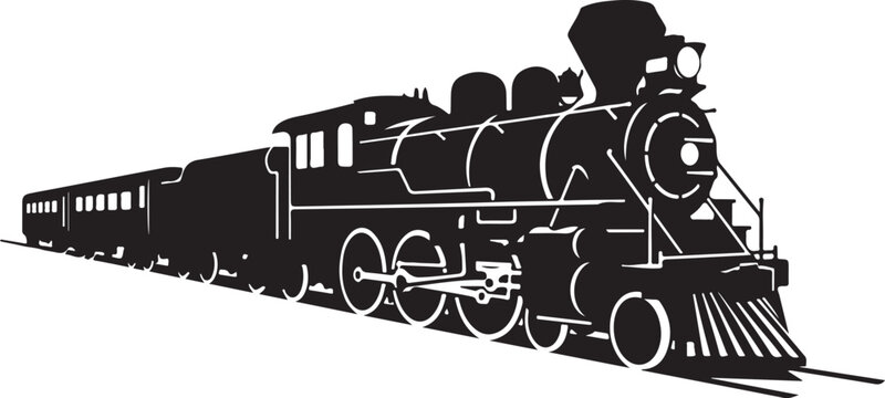 Black steam locomotive train, vintage railway engine, silhouette illustration, vector graphics