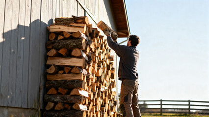 Man in workwear with determined mood stacking firewood against barn wall in rural outdoor scene (with copy space)