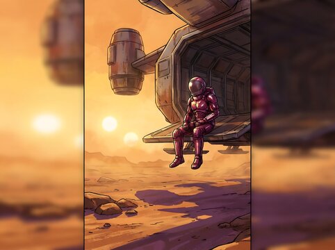 Astronaut on Spaceship Ramp Overlooking Desert Alien Planet