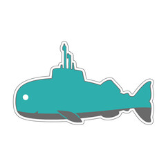Obraz premium An imaginative teal submarine shaped like a fish swims underwater. sticker