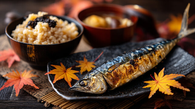 Grilled fish with rice and autumn leaves on a traditional Japanese table setting