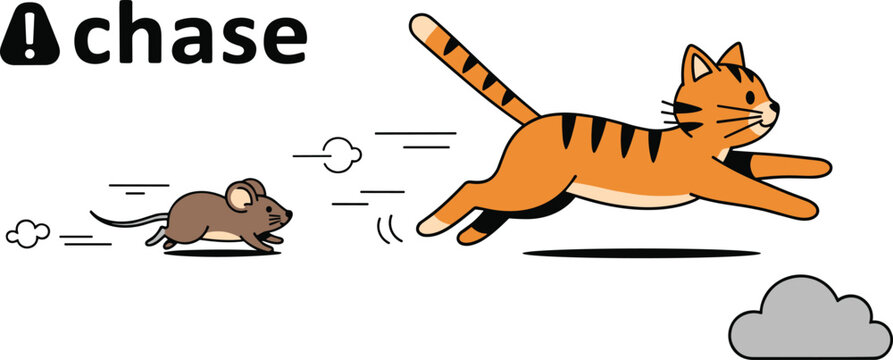 Cartoon Cat Chasing Mouse with Chase Warning for Animals, Pets, and Playful Illustrations