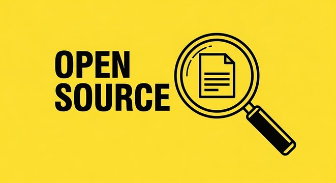 Open source concept illustrated with document and magnifying glass icon