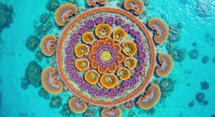 Fototapeta premium Vibrant coral structures form a circular mandala pattern beneath the clear tropical water.