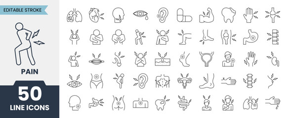 Pain and injury line icons set with editable stroke. Vector illustration