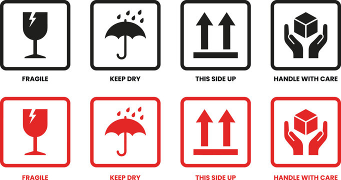 Fragile Handling Icons. Fragile handling icons set with keep dry this side up and handle with care symbols