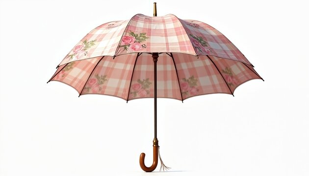 Fashionable open umbrella with pink plaid and rose pattern. Classic accessory offers protection from rain or sun. Elegant design with curved wooden handle and metal accents.
