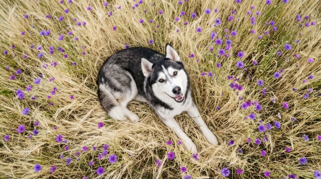 Husky lying in dry grass among purple wildflowers outdoors