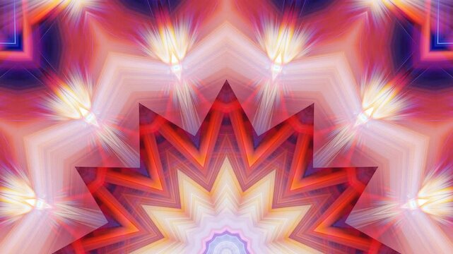 Kaleidoscopic abstract patterns in vibrant motion. Dynamic sequence rotating with vivid symmetry and light effects. Light symphony of color transitions in geometric forms movement. 4K UHD 4096x2304