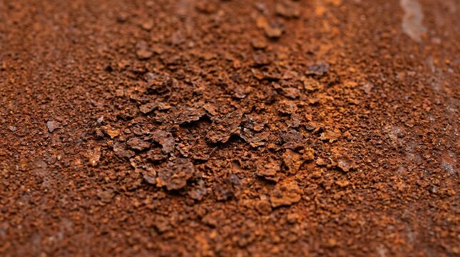 A detailed and tactile macro photograph focused on the center of a metal surface covered in deep, heavily oxidized rust. The texture features raised, layered flakes of corroded metal