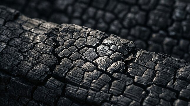 A detailed macro photograph of a fully burnt wooden log, displaying the characteristic "alligator skin" pattern caused by carbonization. The surface is deep black with subtle highlights on the edges o