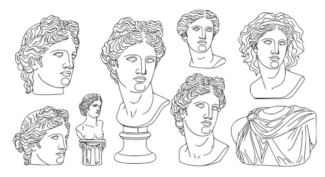 Minimalist line art Greek statue set vector classical sculpture Venus Apollo Aphrodite illustration