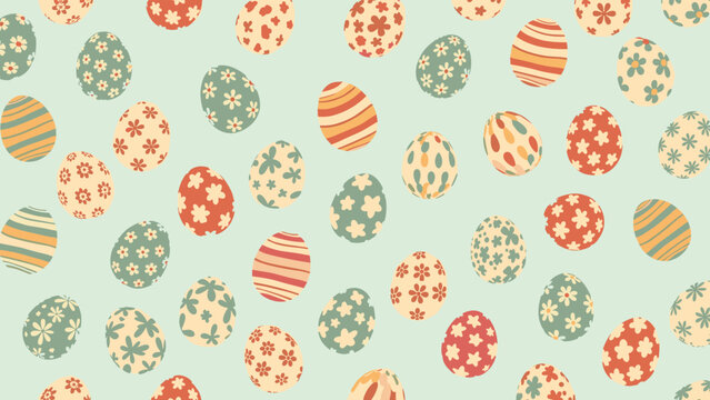 Vibrant seamless pattern of decorated Easter eggs with various floral and geometric designs on a soft light green background.