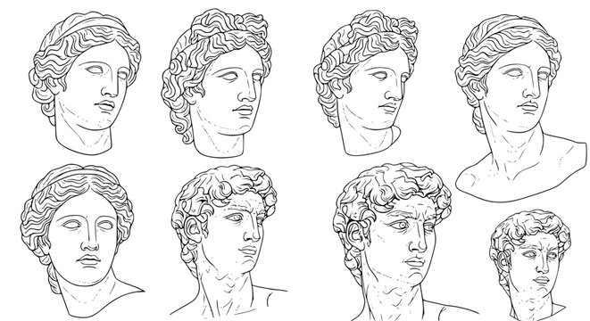 Ancient Greek gods statue line art vector set minimalist classical sculpture illustration