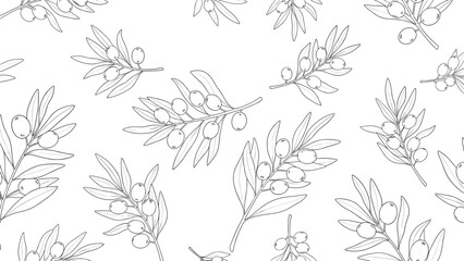 Fototapeta premium Delicate black and white line art seamless pattern of olive branches with fruit for elegant stationery or fabric design.