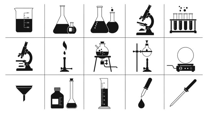 Collection of monochrome scientific laboratory equipment icons and symbols including beakers flasks test tubes microscopes bunsen burners funnels droppers and graduated cylinders