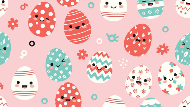Adorable seamless pattern of colorful easter eggs with cute smiling faces and different patterns on a soft pink background.